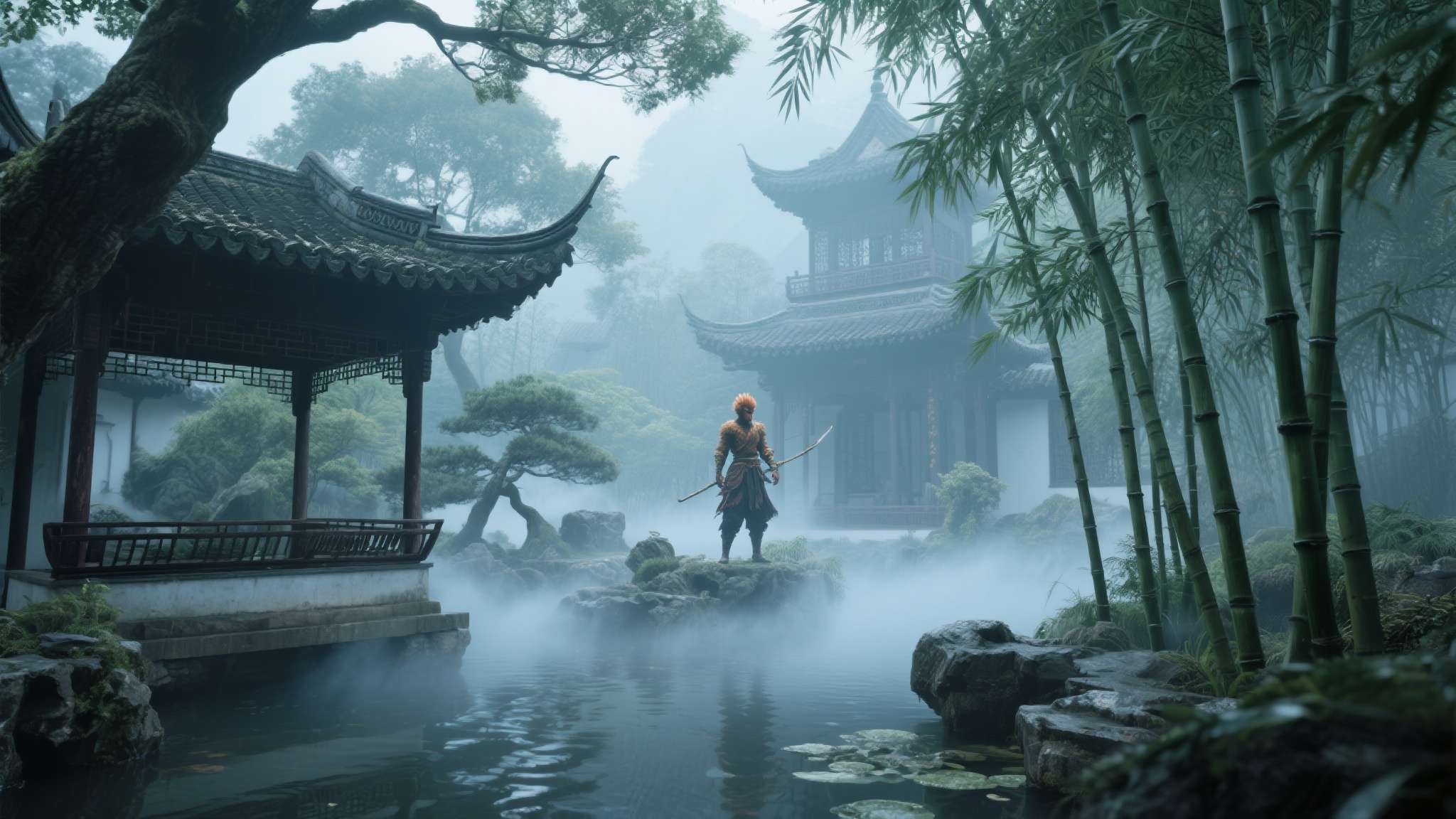 场景设置方面，摄影师选取了古典园林风格的取景地，竹影婆娑、水雾氤氲，营造出一种超